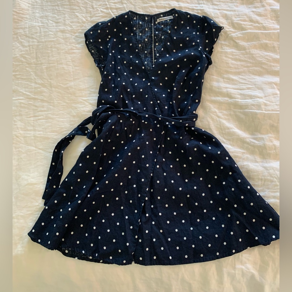 Reformation Navy Polka Dot Wrap Dress